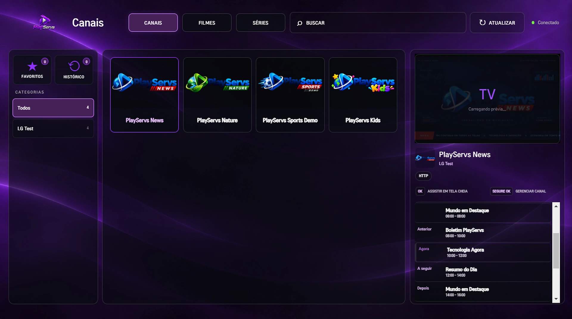 Tela de canais do PlayServs no tema roxo