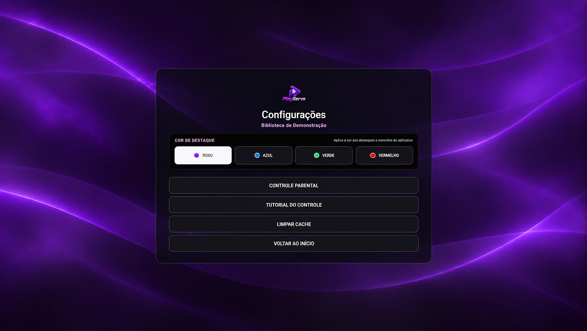 Tela de configurações e personalização do PlayServs no tema roxo